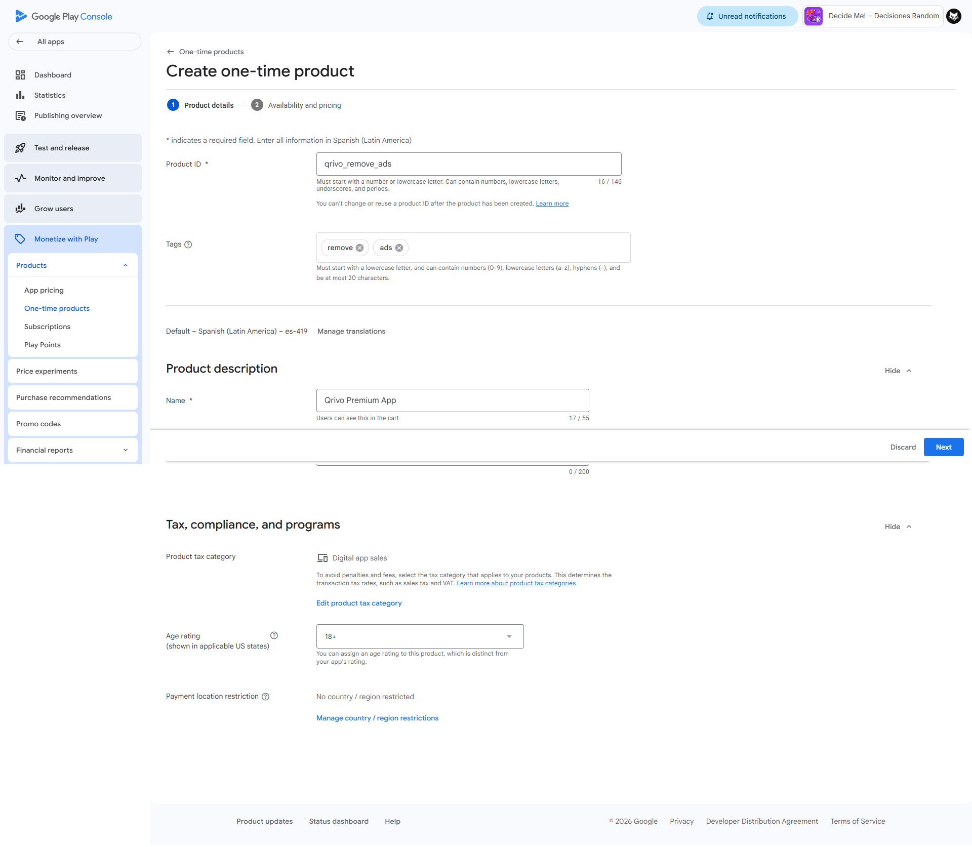 Billing product ID reference image